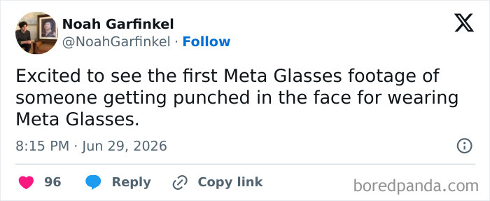 Screenshot of a funny tweet by Noah Garfinkel about Meta Glasses, humorously speculating about future incidents involving them.