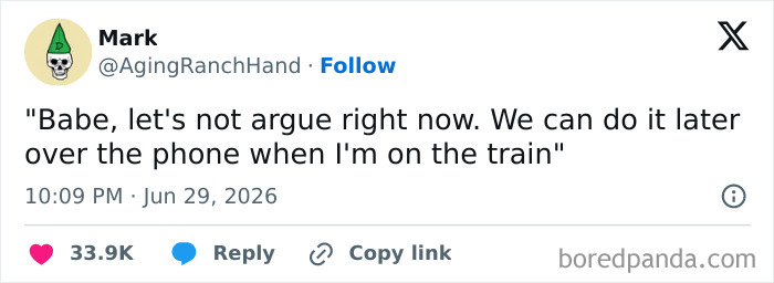 A screenshot of a funny tweet about arguing later over the phone on a train, showcasing funny people on Twitter.