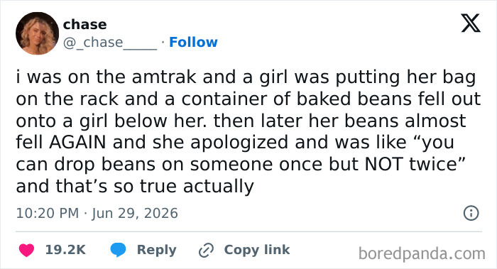 Screenshot of a funny tweet from chase about a girl dropping baked beans on a train. It highlights a funny situation with a memorable quote.