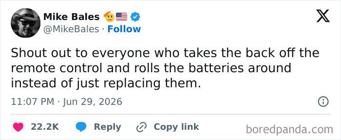 A screenshot of a funny tweet about people who roll batteries in a remote instead of replacing them. Funnier on Twitter.