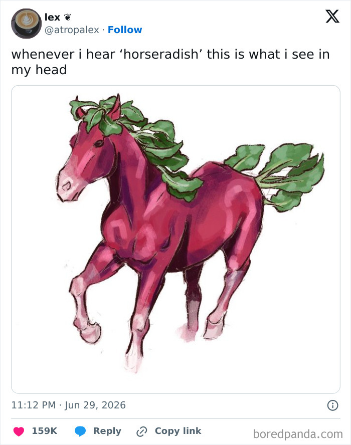 A screenshot of a funny tweet with an image of a red horse with green leaves on its back, a visual pun on horseradish, showcasing funny people on Twitter.