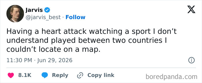 A screenshot of a funny tweet about having a heart attack watching a sport, showcasing funny people on Twitter.