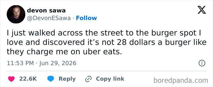 Funny person Devon Sawa tweet comparing burger prices on Uber Eats to walking across the street.