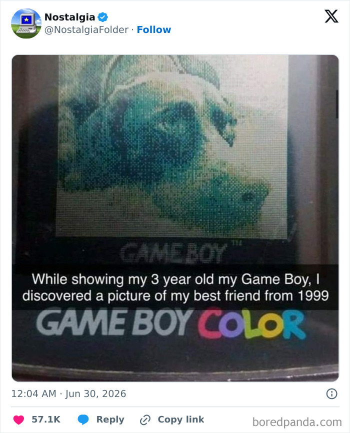 A Game Boy Color screen displays a pixelated image of a dog, evoking nostalgia for past memories.
