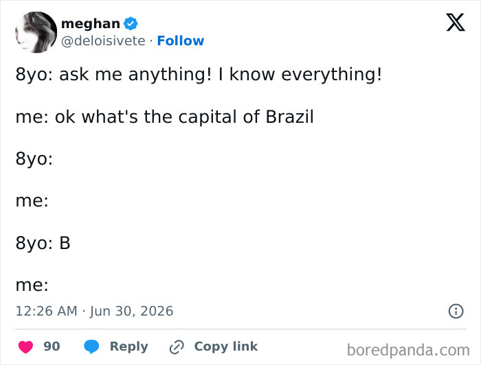Funny parenting tweet about an 8-year-old and Brazil's capital, a classic mom and dad interaction.
