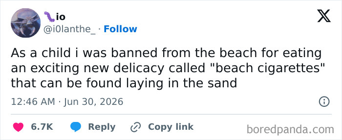 A screenshot of a funny tweet about someone banned from the beach for eating beach cigarettes, showcasing funny people on Twitter.