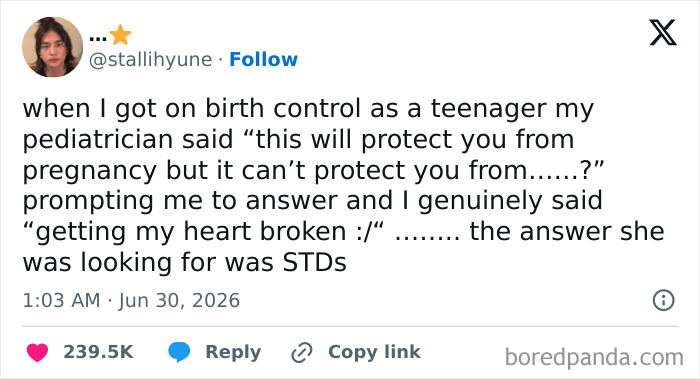 Screenshot of a funny tweet by stallihyune sharing a humorous story about birth control advice from a pediatrician.