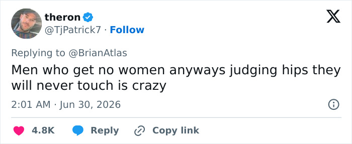 Tweet by theron criticizing men judging women's hips and refusing to date them.
