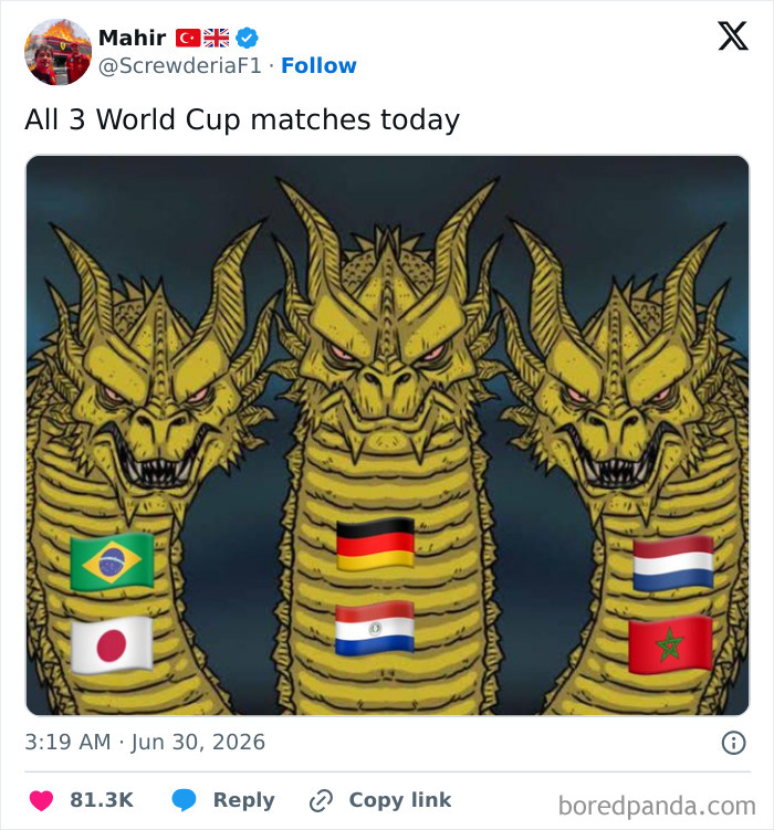 A World Cup football fan on Twitter shares a funny tweet using an image of three dragons with country flags.