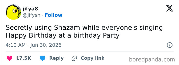 Funny person Jifya8 on Twitter posting about secretly using Shazam during Happy Birthday at a party.