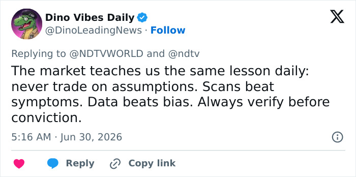 A screenshot of a tweet by Dino Vibes Daily, discussing the market, and how it relates to the brain cancer horror story.