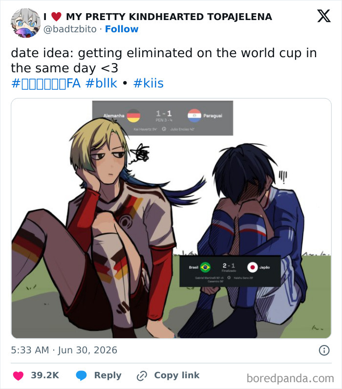 A World Cup tweet with anime art of two characters looking sad after their teams were eliminated.