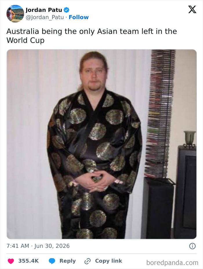 Funny World Cup tweet by Jordan Patu showing a man in a kimono, implying Australia is the only Asian team.