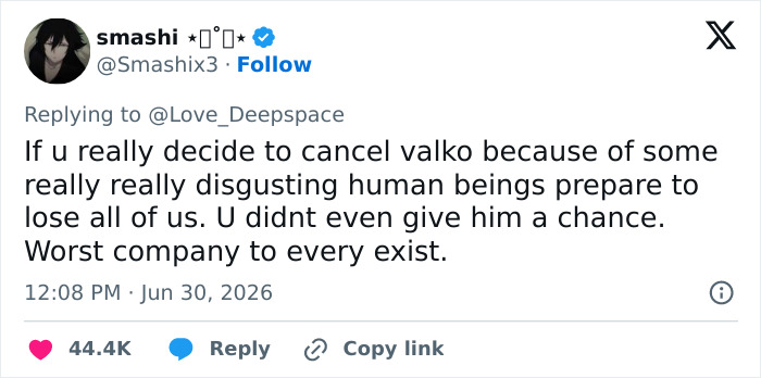A tweet from @Smashix3 expressing anger about the Love and Deepspace RPG canceling the new love interest, Valko. A tweet from @Smashix3 expressing anger about the Love and Deepspace RPG canceling the new love interest, Valko.