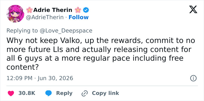 A tweet from @AdrieTherin suggesting Love and Deepspace keep Valko and release more content for other love interests. A tweet from @AdrieTherin suggesting Love and Deepspace keep Valko and release more content for other love interests.