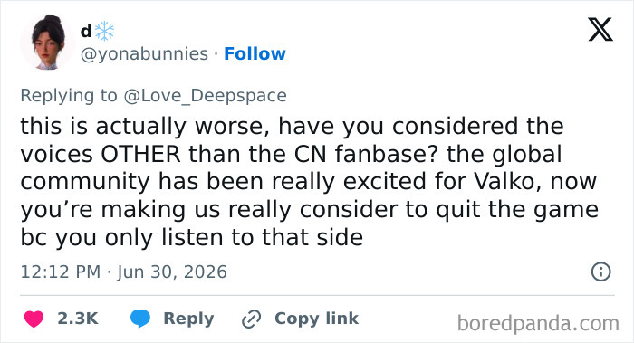 A screenshot of a tweet from d expressing frustration with Love And Deepspace RPG for canceling a new love interest. A screenshot of a tweet from d expressing frustration with Love And Deepspace RPG for canceling a new love interest.