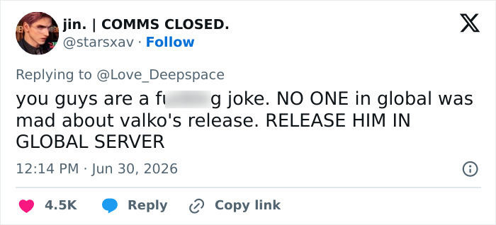 Screenshot of a tweet from a Love and Deepspace RPG player demanding the release of a new love interest. Screenshot of a tweet from a Love and Deepspace RPG player demanding the release of a new love interest.