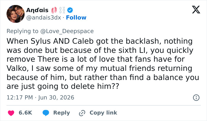 Screenshot of a tweet from a Love and Deepspace RPG fan questioning the cancellation of a new love interest. Screenshot of a tweet from a Love and Deepspace RPG fan questioning the cancellation of a new love interest.