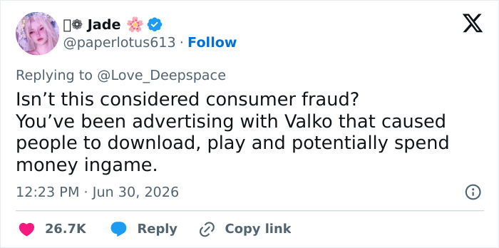 A tweet from @paperlotus613 asking if canceling the Love and Deepspace love interest, Valko, is consumer fraud. A tweet from @paperlotus613 asking if canceling the Love and Deepspace love interest, Valko, is consumer fraud.