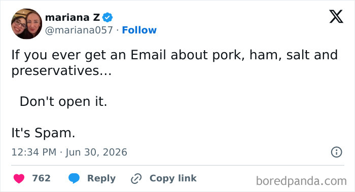 Mariana Z's funny tweet about spam email, playing on the word 'spam' as food.