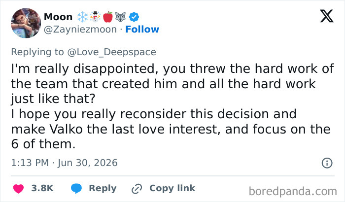 A screenshot of a tweet from Moon expressing disappointment in the Love And Deepspace RPG for canceling a new love interest. A screenshot of a tweet from Moon expressing disappointment in the Love And Deepspace RPG for canceling a new love interest.