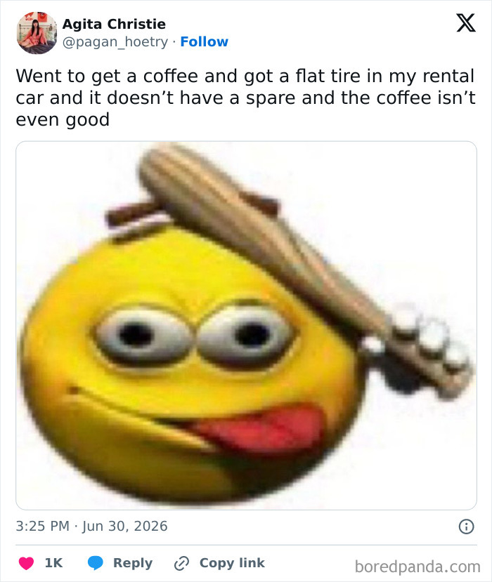Screenshot of a funny tweet from Agita Christie showing a distressed emoji with a baseball bat. The tweet shares a relatable funny moment about a rental car flat tire.