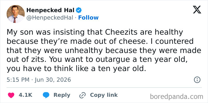 Henpecked Hal's funny tweet arguing with his son about Cheezits' healthiness by using wordplay.