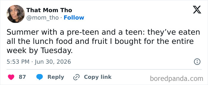 Funny parenting tweet about a mom with a pre-teen and a teen who eat all the week's lunch food and fruit by Tuesday, a common parenting struggle.