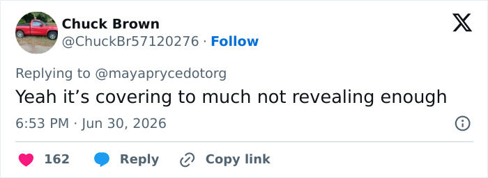 A social media post from Chuck Brown commenting on Kim Kardashian's micro bikini, saying it's covering too much. A social media post from Chuck Brown commenting on Kim Kardashian's micro bikini, saying it's covering too much.