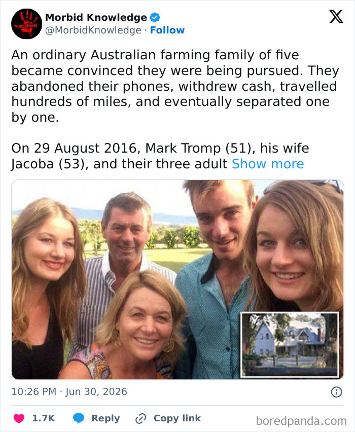 A family photo of five people and a small house, depicting morbid and sad stories.
