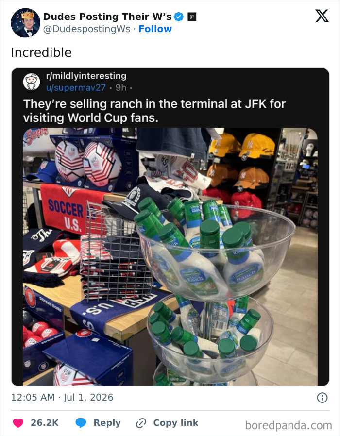 A display of ranch dressing bottles in a store, catering to World Cup fans, from funniest World Cup tweets.