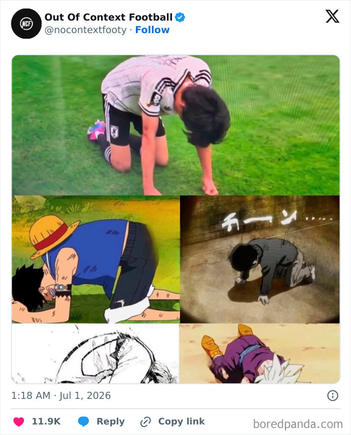 A World Cup 2026 meme with a four-panel image of players and anime characters in a similar pose of defeat.