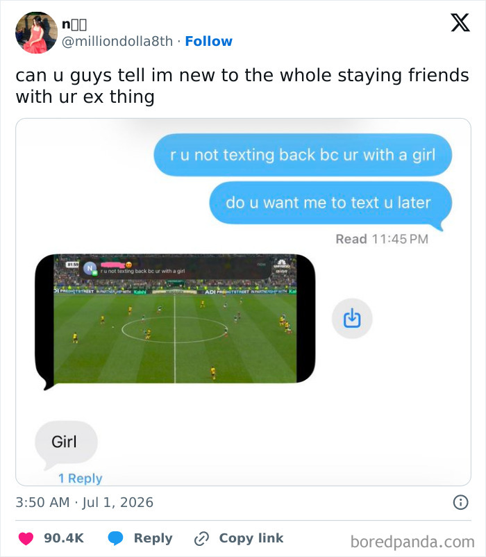 A funny World Cup tweet showing a text exchange, where a person asks if their ex is with a girl.