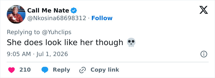 Screenshot of a social media comment: She does look like her though with a skull emoji, referencing Lily Phillips. Screenshot of a social media comment: She does look like her though with a skull emoji, referencing Lily Phillips.