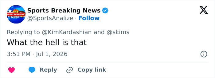 A tweet by Sports Breaking News reacting to Kim Kardashian's micro bikini with confusion. A tweet by Sports Breaking News reacting to Kim Kardashian's micro bikini with confusion.