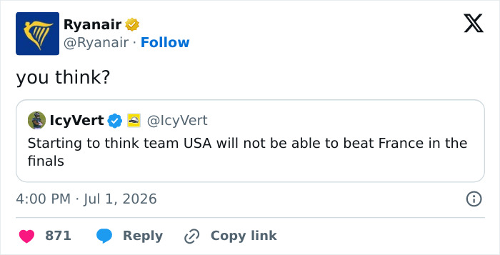 Ryanair's savage post to USA, questioning a tweet about Team USA not beating France in World Cup. Ryanair's savage post to USA, questioning a tweet about Team USA not beating France in World Cup.