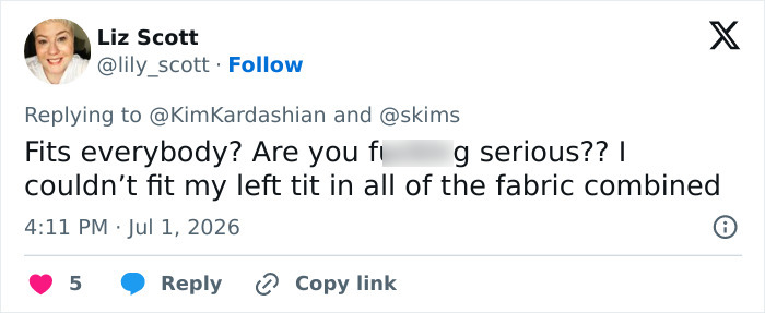 A tweet by Liz Scott questioning Kim Kardashian's micro bikini's fit, saying she couldn't fit into the fabric. A tweet by Liz Scott questioning Kim Kardashian's micro bikini's fit, saying she couldn't fit into the fabric.
