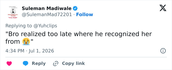 Screenshot of a social media comment: Bro realized too late where he recognized her from, with a crying emoji, related to Lily Phillips. Screenshot of a social media comment: Bro realized too late where he recognized her from, with a crying emoji, related to Lily Phillips.