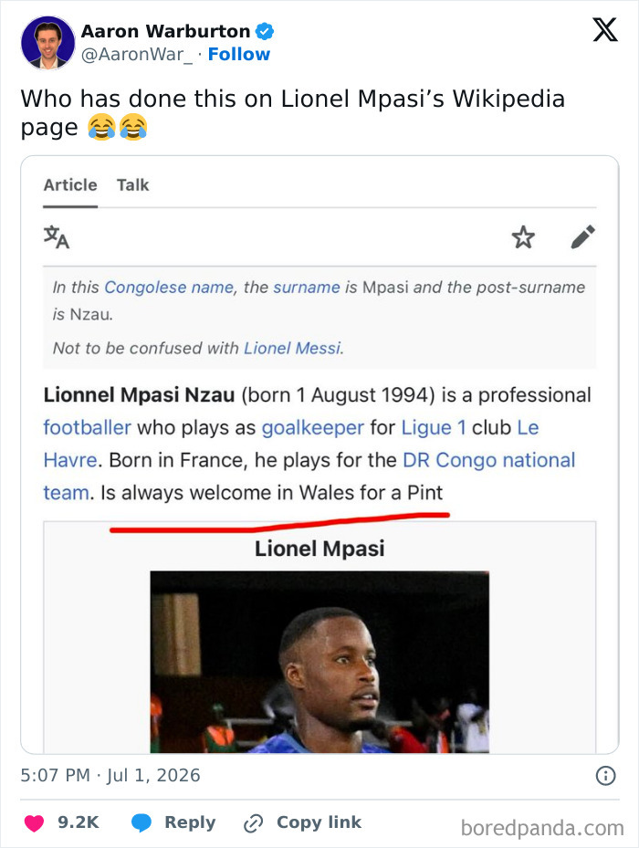 A funny World Cup tweet showing a Wikipedia page for Lionel Mpasi, altered to welcome him to Wales for a pint.