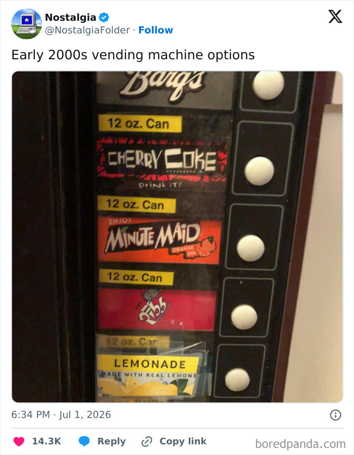 A close-up of an old vending machine with Cherry Coke, Minute Maid, and Lemonade, evoking nostalgia.