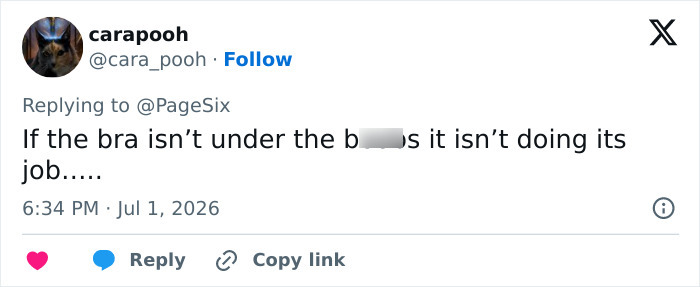 A tweet by user carapooh commenting on Kim Kardashian's micro bikini, stating the bra isn't doing its job. A tweet by user carapooh commenting on Kim Kardashian's micro bikini, stating the bra isn't doing its job.