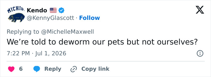 Screenshot of a social media post from Kendo, questioning deworming pets versus humans, related to a medical horror story.
