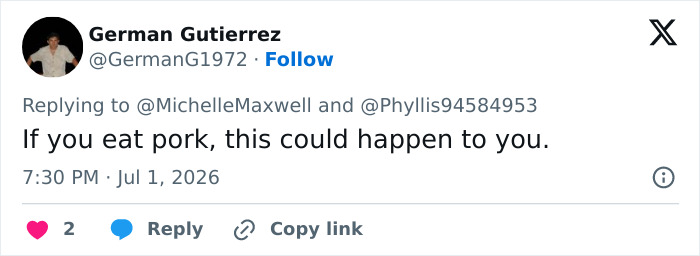 Tweet by German Gutierrez warning that eating pork could lead to the brain cancer horror story.