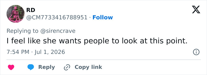 A fan comment on X (formerly Twitter) suggesting Millie Bobby Brown wants attention with her sheer look outfit. A fan comment on X (formerly Twitter) suggesting Millie Bobby Brown wants attention with her sheer look outfit.