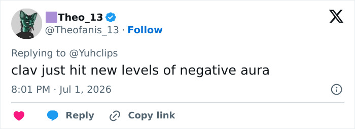 Tweet displaying user Theofanis_13's comment about Clavicular's negative aura, part of the Lily Phillips incident. Tweet displaying user Theofanis_13's comment about Clavicular's negative aura, part of the Lily Phillips incident.