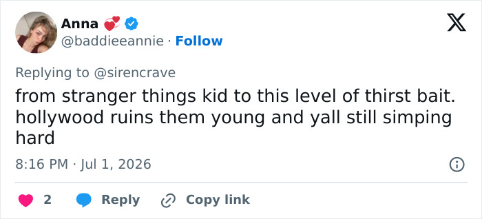 A fan's tweet about Millie Bobby Brown's sheer look, mentioning Hollywood ruins them young. A fan's tweet about Millie Bobby Brown's sheer look, mentioning Hollywood ruins them young.