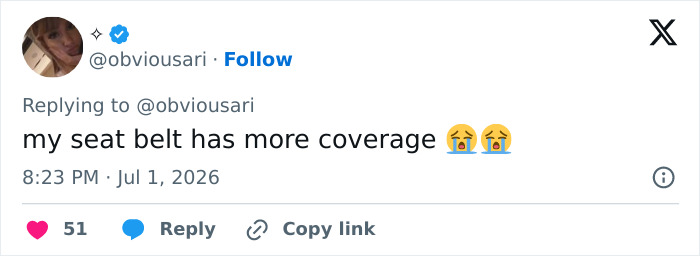Screenshot of a Twitter comment comparing the coverage of a seat belt to Kim Kardashian's micro bikini. Screenshot of a Twitter comment comparing the coverage of a seat belt to Kim Kardashian's micro bikini.