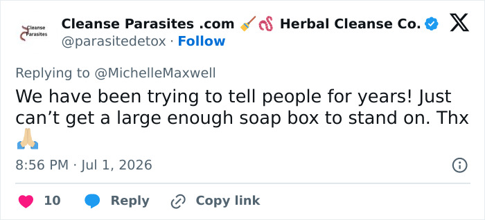 Screenshot of a social media post from Cleanse Parasites.com, discussing a medical horror story and parasites.