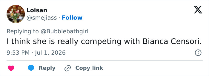 A social media post from Loisan commenting on Kim Kardashian's micro bikini, mentioning Bianca Censori. A social media post from Loisan commenting on Kim Kardashian's micro bikini, mentioning Bianca Censori.