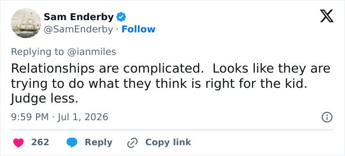 A tweet about 'Malcom In The Middle' star and their divorce announcement. It says, 'Relationships are complicated. Looks like they are trying to do what they think is right for the kid. Judge less.'